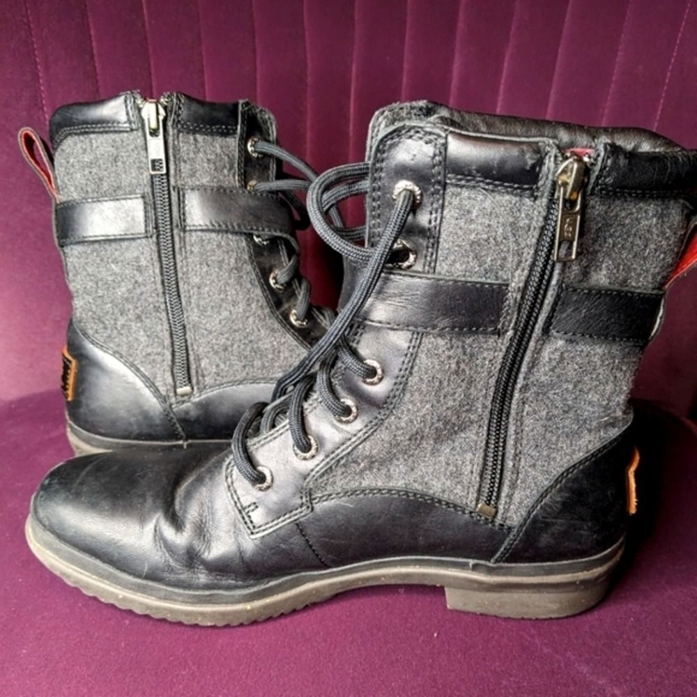 UGG Waterproof Combat Boots Black Leather & Grey Wool Winter Lace-up Side Zip‎